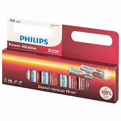 Батарейки алкалиновые "пальчиковые" КОМПЛЕКТ 12 шт., PHILIPS Power Alkaline, АА (LR6, 24А), блистер, Б0064661 (арт. 457394)