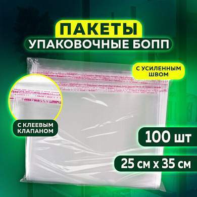 Пакет БОПП с клеевым клапаном, КОМПЛЕКТ 100 шт., 25х35+4 см, толщина 30 мкм, с усиленным швом (арт. 608602)