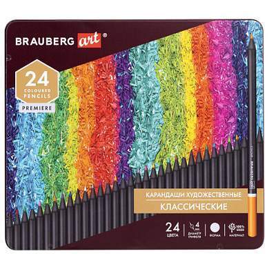 Карандаши цветные художественные BRAUBERG ART PREMIERE, 24 цвета, МЯГКИЙ грифель 4 мм, металл, 181541 (арт. 181541)
