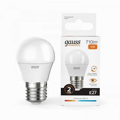 Gauss Elementary лампа Шар G45 E27 10W(710lm) 3000K 2K 82x45 матовая, пластик/алюм. 53210 (арт. 650772)
