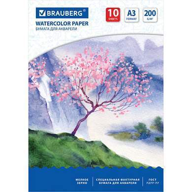 Бумага для акварели БОЛЬШАЯ А3, 10 л., 200 г/м2, 297х420 мм, BRAUBERG, "Сакура", 125224 (арт. 125224)