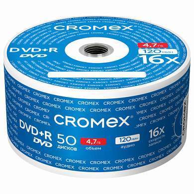 Диски DVD+R (плюс) CROMEX, 4,7 Gb, 16x, Bulk (термоусадка без шпиля), КОМПЛЕКТ 50 шт., 513774 (арт. 513774)
