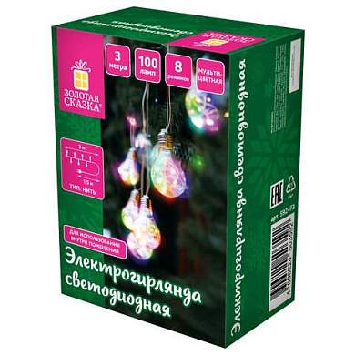 Электрогирлянда-нить комнатная "Лампочки", 3 м, 100 LED, мультицветная, 220 V, контроллер, ЗОЛОТАЯ СКАЗКА, 592473 (арт. 592473)