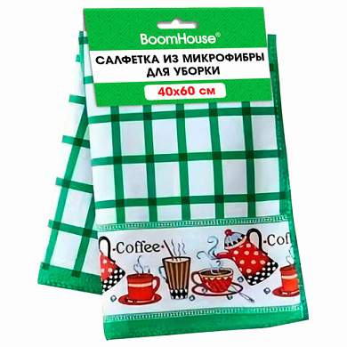 Салфетка из МИКРОФИБРЫ универсальная 40 х 60 см, зеленая клетка, орнамент, 240 г/м2, BOOMHOUSE, 700878 (арт. 700878)