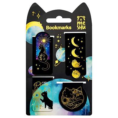 Закладки магнитные для книг, 4шт., MESHU "Moon cat", софт-тач, фольга (арт. 365924)