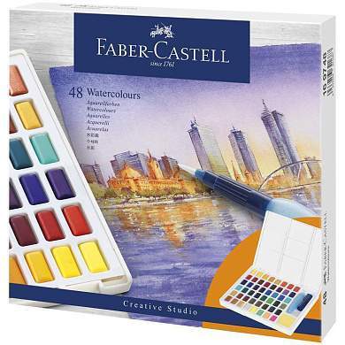 Акварель художественная Faber-Castell "Watercolours", 48цв., кюветы, + кисть "Water Brush"+ съемная палитра, пластиковая упаковка (арт. 343416)