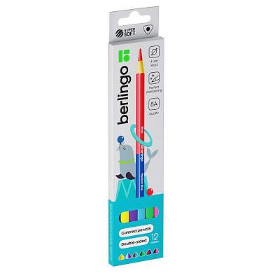 Карандаши цветные двусторонние Berlingo "SuperSoft. Duo", 12цв., 06шт., трехгр., заточ., европодвес (арт. 299039)