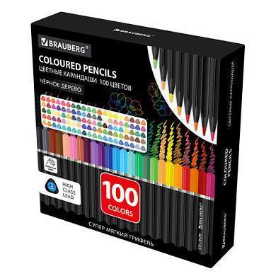 Карандаши цветные чёрное дерево BRAUBERG BLACK WOOD, 100 цветов, мягкий грифель 3 мм, 182045 (арт. 182045)