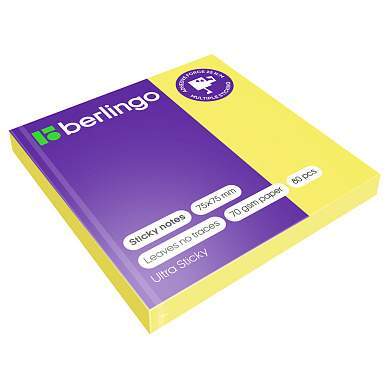 Самоклеящийся блок Berlingo "Ultra Sticky", 75*75мм, 80л., желтый неон (арт. 270275)