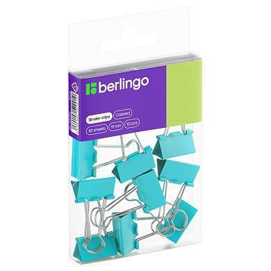 Зажимы для бумаг 19мм, Berlingo, 10шт., цветные, ПВХ упак., европодвес, голубые (арт. 301709)