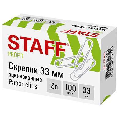 Скрепки STAFF, 33 мм, оцинкованные, 100 шт., в картонной коробке, 270445 (арт. 270445)