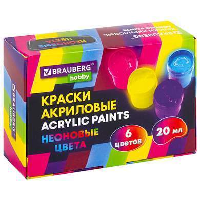 Краски акриловые НЕОНОВЫЕ для рисования и творчества 6 цветов по 20 мл, BRAUBERG HOBBY, 192438 (арт. 192438)