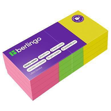 Самоклеящийся блок Berlingo "Ultra Sticky", 50*40мм, 12 блоков по 80л., 3 неоновых цвета (арт. 270273)