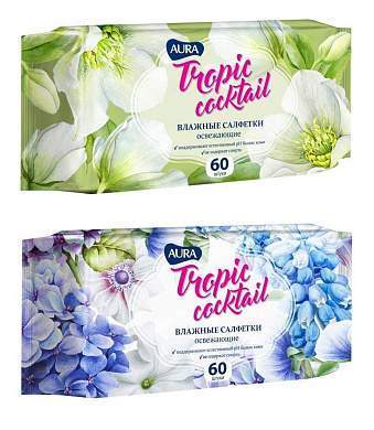 Влажные салфетки 60шт/уп, освежающие AURA Tropic cocktail (Коттон клаб) (арт. 762683)