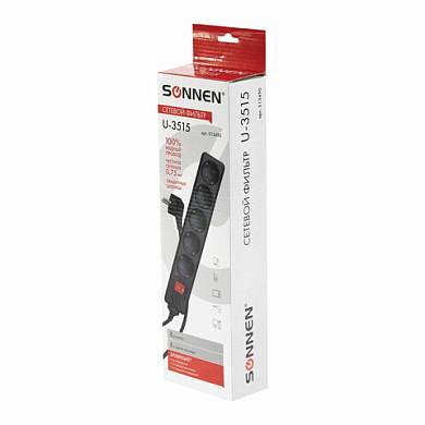 Сетевой фильтр SONNEN U-3515, 5 розеток, с заземлением, выключатель, 10 А, 5 м, черный, 513490 (арт. 513490)