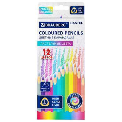 Карандаши цветные BRAUBERG PASTEL, 12 пастельных цветов, трехгранные, грифель 3 мм, натуральное дерево, 181850 (арт. 181850)