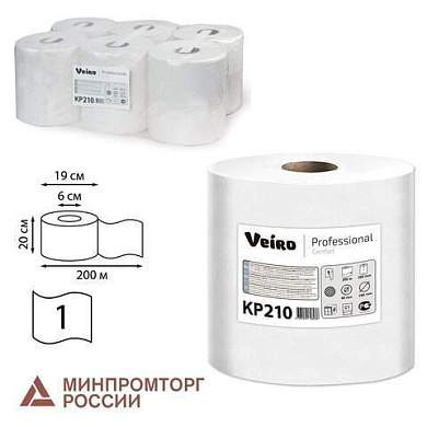 Полотенца бумажные с центральной вытяжкой 200 м, VEIRO (Система M2) COMFORT, 1-слойные, белые, КОМПЛЕКТ 6 рулонов, KP210, КР210 (арт. 127099)