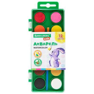Краски акварельные BRAUBERG KIDS, 12 ярких цветов, круглые кюветы, пластиковый пенал, 191806 (арт. 191806)