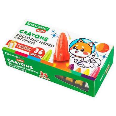 Восковые мелки фигурные BRAUBERG KIDS "РАКЕТА", НАБОР 36 цветов + НАКЛЕЙКИ В ПОДАРОК, 273084 (арт. 273084)