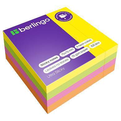 Самоклеящийся блок Berlingo "Ultra Sticky", 75*75мм, 320л., 4 неоновых цвета (арт. 270289)