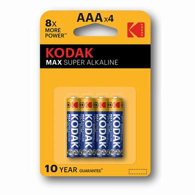 Батарейки алкалиновые "мизинчиковые" КОМПЛЕКТ 4 шт., KODAK Max Super Alkaline, ААА (LR03,15А), блистер, Б0005124 (арт. 457378)