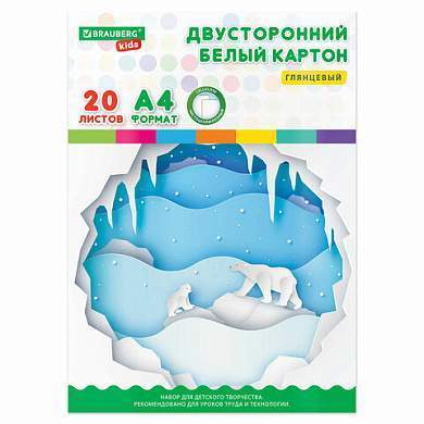 Картон белый А4 МЕЛОВАННЫЙ (белый оборот), 20 листов, в папке, BRAUBERG KIDS, 203х283 мм, 115160 (арт. 115160)