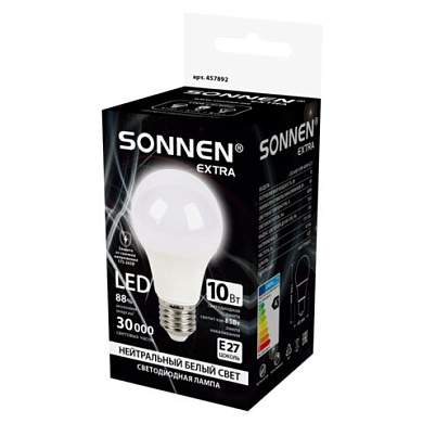 Лампа светодиодная SONNEN EXTRA, 10 (85) Вт, Е27, груша, нейтральный белый, 30000 ч, LED A60-10W-4000-Е27, 457892 (арт. 457892)