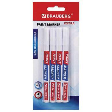 Маркер-краска лаковый EXTRA (paint marker) 2 мм, БЕЛЫЕ, НАБОР 4 шт., УСИЛЕННАЯ НИТРО-ОСНОВА, BRAUBERG, 151995 (арт. 151995)
