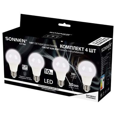 Лампа светодиодная SONNEN EXTRA, 10 (85) Вт, КОМПЛЕКТ 4 шт., Е27, нейтральный белый, 30000 ч, LED A60-10W-4000-Е27, 457893 (арт. 457893)