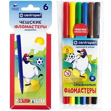 Фломастеры Centropen "Пингвины", 06цв., смываемые, картон. упак. с европодвесом/ПВХ (арт. 062724)
