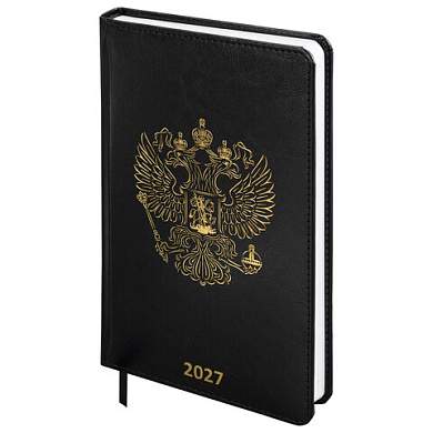 Ежедневник датированный 2027, А5, 138х213 мм, BRAUBERG "State", под кожу, черный, 118044 (арт. 118044)