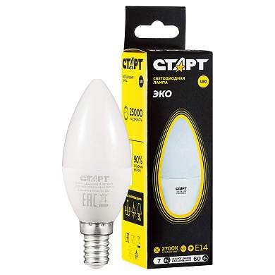 Лампа светодиодная Старт LED, серия "WS" 7W30, тип С "свеча", E14, 2700К, теплый свет, 25000ч (арт. 385692)