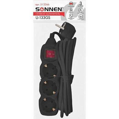 Удлинитель сетевой SONNEN U-133GS, 3 розетки, c заземлением, выключатель, 10 А, 3 м, черный, 513266 (арт. 513266)