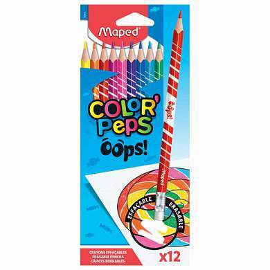 Карандаши цветные стираемые с ластиком MAPED "Color'Peps Oops", 12 цветов, трехгранные, 832812 (арт. 182116)