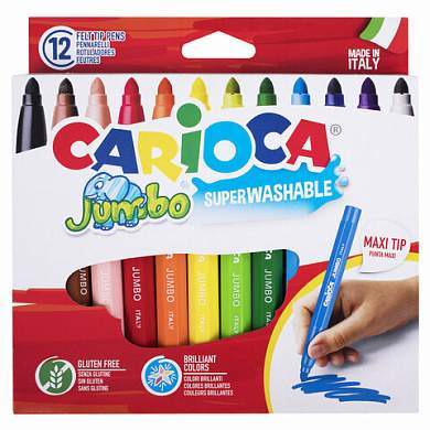 Фломастеры утолщенные CARIOCA "Jumbo", 12 цветов, суперсмываемые, вентилируемый колпачок, картонная упаковка, 40569 (арт. 150159)