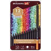 Карандаши художественные цветные BRAUBERG ART PREMIERE, 12 цветов, МЯГКИЙ грифель 4 мм, металл, 181540 (арт. 181540)