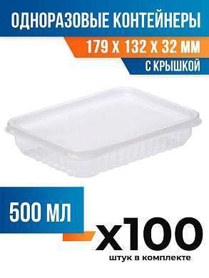 (100 шт.) - Контейнеры одноразовые с крышкой, 500мл. 179x132x32 мм (ПОС54588.100)