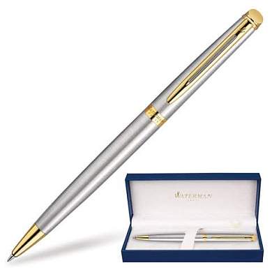 Ручка подарочная шариковая WATERMAN "Hemisphere Stainless Steel GT", серебристый корпус, позолоченные детали, синяя, S0920370 (арт. 141693)