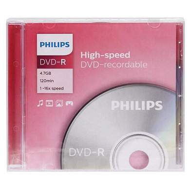 Диск DVD-R PHILIPS, 4,7 Гб, 16x, Slim Case (1 штука), DM4S6S01F/97 (арт. 514198)