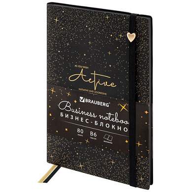 Блокнот B6, 130x185 мм, BRAUBERG "Stellar", под кожу, 80 листов, фольга, резинка, клетка, черный, 118652 (арт. 118652)