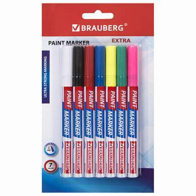 Маркер-краска лаковый EXTRA (paint marker) 2 мм, НАБОР 7 цветов, УСИЛЕННАЯ НИТРО-ОСНОВА, BRAUBERG, 151996 (арт. 151996)
