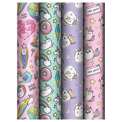 Упаковочная бумага глянц. 70*100см, MESHU "Unicorn", 80 г/м2, ассорти, 4 дизайна (арт. 372616)