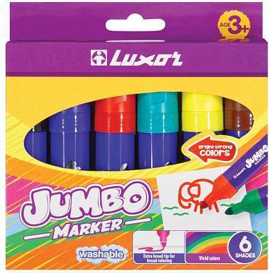 Фломастеры Luxor "Jumbo", 06цв., утолщенные, смываемые, картон, европодвес (арт. 233892)
