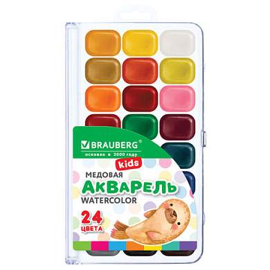 Краски акварельные BRAUBERG KIDS NEW, медовые, 24 цвета, квадратные кюветы, пластиковый пенал с европодвесом, 192797 (арт. 192797)