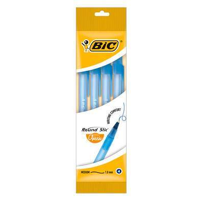 Ручки шариковые BIC "Round Stic", НАБОР 4 шт., СИНИЕ, узел 1 мм, линия письма 0,32 мм, пакет, 944176 (арт. 143975)