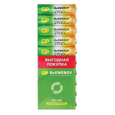 Батарейки аккумуляторные GP ReEnergy Ni-Mh пальчиковые КОМПЛЕКТ 10 шт., АА (HR6), 2600 mAh, 270AAHCRGY, 270AAHC-CRB10 (арт. 458472)