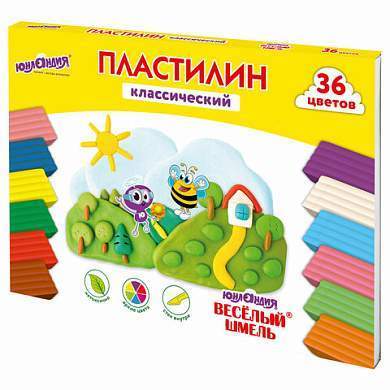 Пластилин классический ЮНЛАНДИЯ "ВЕСЁЛЫЙ ШМЕЛЬ", 36 цветов, 720 грамм, СО СТЕКОМ, ВЫСШЕЕ КАЧЕСТВО, 106434 (арт. 106434)