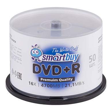 Диски DVD+R (плюс) SMARTBUY, 4,7 Гб, 16x, Cake Box (упаковка на шпиле), КОМПЛЕКТ 50 шт., SBDVPR50 (арт. 513985)