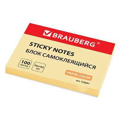 Блок самоклеящийся (стикеры) BRAUBERG, ПАСТЕЛЬНЫЙ, 76х102 мм, 100 листов, желтый, 122691 (арт. 122691)