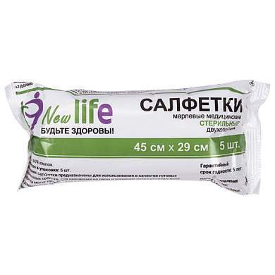 Салфетка марлевая стерильная NEW LIFE КОМПЛЕКТ 5 шт., 2 слоя, 45х29 см, плотность 36 (±2) г/м2, 144141 (арт. 630559)